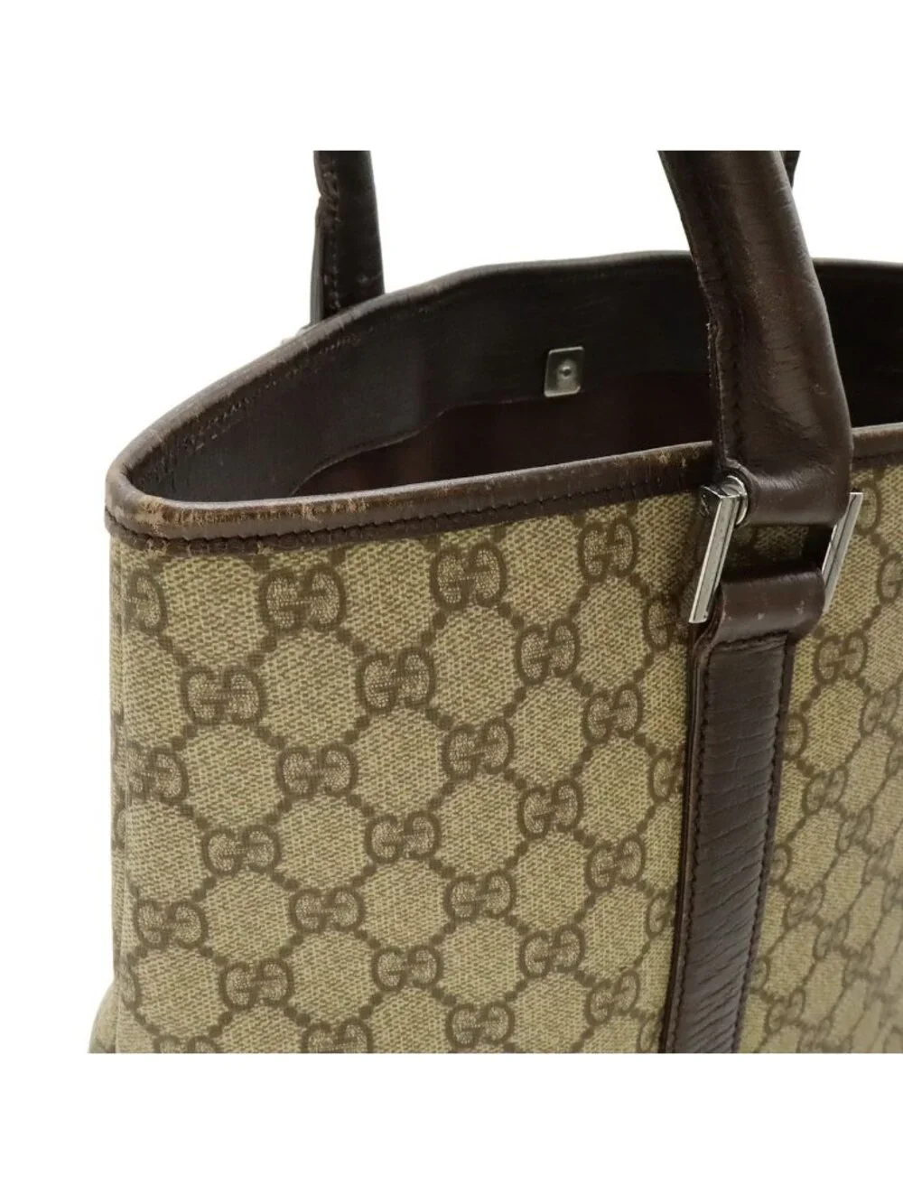 Gucci GG Supreme Plus Tote Large Shoulder Bag Leather Khaki Beige Dark Brown - Picture 6 of 8